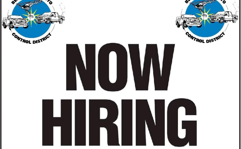 Sign with "Now Hiring" text and logos of Benton County Mosquito Control District, highlighting mosquito control measures alongside images of mosquitoes and trucks.